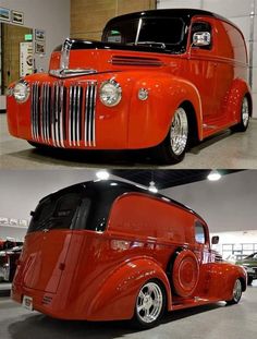 two pictures of an old red truck with chrome rims, and the same color