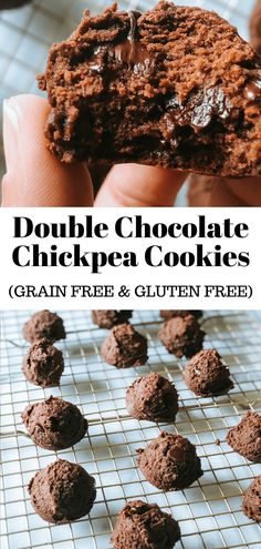 double chocolate chickpea cookies on a cooling rack with text overlay that reads, double chocolate chickpea cookies grain free and gluten free