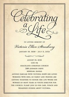 an old fashioned wedding card with the words celebrating a life in black ink on parchment paper