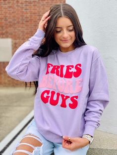 Unisex sizing TAT: 7-14 business days Purple Cotton Sweatshirt With Graphic Print, Purple Relaxed Fit Sweatshirt With Graphic Print, Purple Trendy Sweatshirt With Relaxed Fit, Purple Relaxed Fit Graphic Print Sweatshirt, Trendy Purple Sweatshirt With Relaxed Fit, Trendy Purple Sweatshirt In Relaxed Fit, Trendy Lavender Cotton Sweatshirt, Pink Crew Neck Top With Letter Print, Purple Crew Neck Sweatshirt With Graphic Print