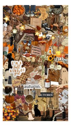 an autumn collage with pumpkins and other items