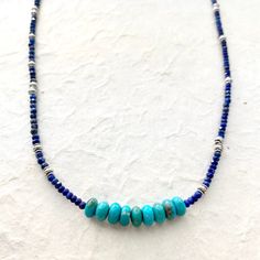 18 1/2" Length Lapis Turquoise There is nothing prettier then lapis blue with turquoise. These turquoise rondels are chunky and beautiful. This necklace is a real keepsake. Deep Turquoise, Desert Vibes, Lapis Blue, Glass Bead Necklace, Shades Of Blue, Beaded Jewelry, Glass Beads, Beaded Necklace, Shades