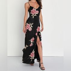 Beautiful Black Dress With Pink Flowers. Never Worn. Tags Still On. Perfect Condition. Black Floral Print Maxi Dress For Evening, Chic Black Floral Print Maxi Dress, Black Floral Print Maxi Dress For Cocktail, Black Floral Print Maxi Dress For Night Out, Black Floral Print Maxi Dress For Prom, Black Floral Print Formal Dresses, Formal Black Dress With Floral Print, Black Floral Print Party Dress, Black Flower Print Dress