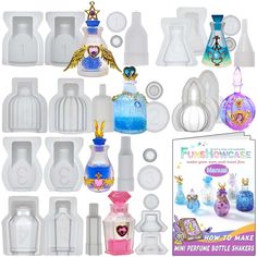 an assortment of plastic bottle shapes and molds for making princess necklaces, including perfume bottles