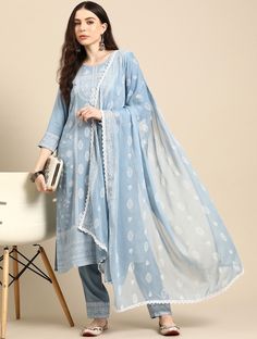 * Floral Foil Printed Regular Kurta With Trousers & Dupatta Rayon Kurta Set / Pure Cotton Kurta Set / Sleeveless Kurta Set / Indian Wedding Wear Salwar Kameez / Silk Kurta Sets / Indian Ethnic Dress / Plus Size Silk Kurta Dress * Blue printed Kurta with Trousers with dupatta * Kurta design:- * Floral printed * Straight shape * Regular style * Round neck, three-quarter regular sleeves * 2 pockets * Calf length with straight hem * Viscose rayon fabric * Trouser design:- * Printed Trouser * Elasticated waistband * Slip-on closure * Fabric:- Top Fabric: Rayon  Bottom Fabric: Rayon Dupatta Fabric: Chiffon   *Wash Care:- Machine wash AVAILABLE IN 7 SIZES THEY ARE IN FOLLOWING MEASUREMENTS IN INCHES:- XS:- Bust-34/Shoulder-13.5/Top Length-46/Bottom Waist-28/Bottom Length-36/Hip-36 S:- Bust-36/Sho Kurta Sets For Women, Sleeveless Kurta, Trouser Design, Kurti Set, Kurta Dress, Blue Foil, Indian Wedding Wear, Designer Kurtis, Indian Dress