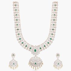 Ahana CZ Silver Necklace Set Elegant Necklaces With Intricate Design For Diwali, Fine Jewelry Long Necklace For Wedding, Luxury Necklace With Elegant Design For Festive Season, Luxury Festive Necklace With Elegant Design, Elegant Necklace For Diwali Celebration, Luxury White Necklace For Festive Occasions, Festive White Necklace With Intricate Design, Elegant Wedding Temple Necklace With Detachable Pendant, Hand Set Diamond Necklaces For Diwali