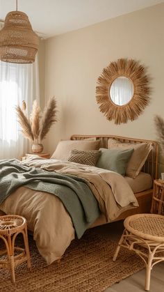 a bed sitting in a bedroom next to two wicker chairs and a round mirror