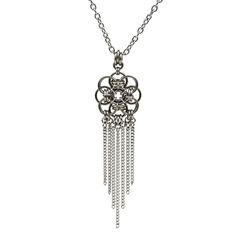 Lightweight and elegant, this piece will quickly become one of your wardrobe staples. The small Quantum Rose with Fringe pendant is 7/8" in width; height is approximately 3.75". This pendant comes on a seamless chain so you can slide the necklace over your head. (However you can choose to add a clasp if you prefer.)  s Elegant Adjustable Necklace With Large Pendant, Elegant Sterling Silver Chain Necklace With Large Pendant, Elegant Nickel Free Round Pendant Necklace, Elegant Round Pendant Nickel Free Necklace, Elegant Nickel-free Round Pendant Necklace, Elegant Metal Necklace With Large Pendant, Elegant Flower Pendant Chain Necklace, Elegant Drop Necklace With Silver Chain, Elegant Long Drop Silver Chain Necklace