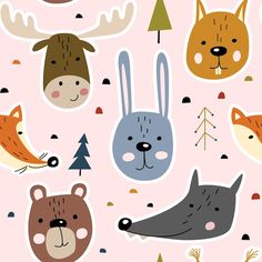 an animal themed wallpaper with animals and trees on the pink backgroung