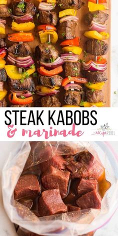 steak kabobs and marinade on a cutting board with text overlay that reads steak kabobs and marinade