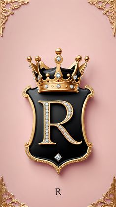 the letter r is surrounded by a crown and diamond set on top of a black shield