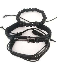 This guitar bracelet set complements your love for music. The all black bracelets are versatile and can be worn with any of your outfits. You can wear the bracelets together as a set or each one separately to create a different everyday. Every set is handmade with care. Product Information *Set comes with 3 bracelets *Material: leather/PU leather *Metals Type: alloy *Clasp Type: sliding knots *Adjustable Length: around 7 - 8.5 inches Adjustable Black Punk Wristband, Black Band Wristband For Concerts, Edgy Black Band Bracelets, Adjustable Black Punk Beaded Bracelets, Adjustable Black Beaded Punk Bracelets, Edgy Adjustable Black Wristband, Edgy Black Adjustable Wristband, Adjustable Punk Beaded Bracelets As Gift, Black Leather Bracelet With Adjustable Band