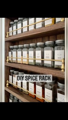 shelves with jars and labels that say diy spice rack