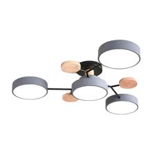 a ceiling light that has five lights on each side and four circular shades in the middle