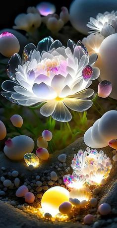 an image of flowers and bubbles floating in the water