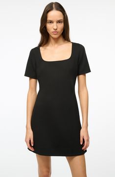 Go for timeless and versatile style in this LBD cut in an abbreviated length with a chic back cutout. 32 1/2" length (size Medium) Hidden back-zip closure Square neck Short sleeves 68% rayon, 27% nylon, 5% spandex Dry clean Imported Solid Color Square Neck Elastane Dress, Classic Fitted Mini Dress With Back Zipper, Sleek Elastane Dress With Straight Neckline, Fitted Dress With Cutout Back And Short Sleeves, Sleek Structured Fitted Dress, Chic Short Sleeve Mini Dress In Elastane, Chic Short Sleeve Elastane Mini Dress, Classic Fitted Structured Mini Dress, Sleek Mini Dress With Straight Neckline For Formal