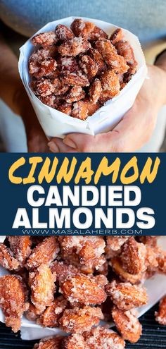 cinnamon candied almonds in a white bowl with the words cinnamon candied almonds