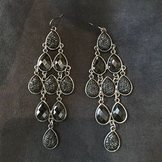 Long Black Dangle Chandelier Earrings. Never Worn. Black Dangle Teardrop Earrings For Party, Black Metal Dangle Chandelier Earrings, Black Drop Teardrop Earrings For Party, Black Teardrop Earrings For Party, Black Teardrop Drop Earrings For Party, Black Metal Drop Earrings, Black Metal Chandelier Earrings For Party, Black Dangle Chandelier Earrings For Party, Black Chandelier Earrings For Party