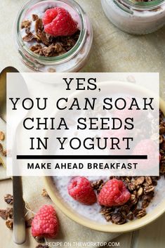 yogurt with raspberries and granola in a bowl on a table