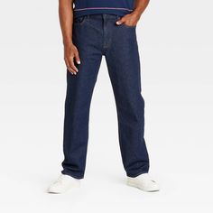 Men's Relaxed Fit Jeans - Goodfellow & Co™ Dark Wash 32x32 Casual Cotton Jeans With Straight Fit, Casual Straight Fit Cotton Jeans, Casual Cotton Straight Fit Jeans, Medium Wash Straight Fit Cotton Pants, Dark Wash Straight Fit Full-length Bottoms, Straight Fit Mid-rise Cotton Bottoms, Straight Fit Mid-rise Cotton Pants, Mid-rise Straight Fit Cotton Bottoms, Classic Full-length Cotton Jeans