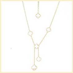 clover Y necklace leila jewels Luxury White Necklace With Flower Charm, Elegant Gold Charm Necklace With Flower Charm, Elegant Gold Charm Necklace With Flower Detail, Luxury Gold Necklace With Flower Charm, Clover Charm, Y Necklace, Chain Extenders, Iconic Design, A Princess