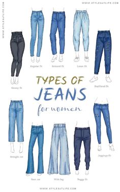 the types of jeans for women are shown in different colors and sizes, including blue