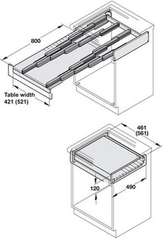 two drawings showing the top and bottom parts of an appliance, with measurements for each