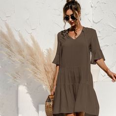 New Fashion Casual V-neck Women's Dress Elegant Loose Print Patchwork Flare Sleeve Beach Party Summer Dresses for Femme Beach A-line Shift Dress, Shift Mini Dress For Beach In Summer, Bohemian Knee-length V-neck Dress For Vacation, Summer Shift V-neck Mini Dress, Summer Knee-length V-neck Vacation Dress, Shift Sundress For Vacation, Elegant V-neck Mini Dress For Beach Season, Bohemian Knee-length V-neck Dress For Beach, Shift Dress For Vacation