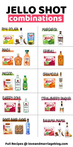 the top ten jello shot combinations are shown in red and white, with different flavors