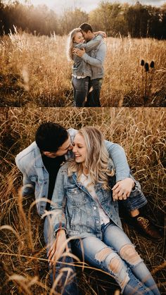 a man and woman are sitting in tall grass with their arms around each other as they hug