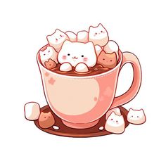 a pink cup filled with marshmallows and cats on top of the mug