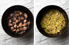 two pictures showing the process of cooking meat and vegetables in skillets on a marble countertop