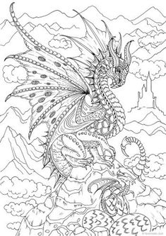 a coloring book page with a dragon on it's back and clouds in the background