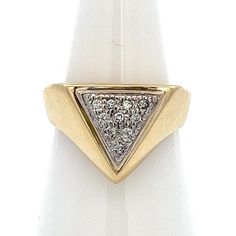 Solid 14k Gold Triangle Ring With Diamonds  ~ Gay Lesbian  LGBTQ  Pride Ring - Size 6 -  ET1797 Heavy solid 14k yellow gold ring with genuine/ natural  diamonds. Signed by the designer. Ring Size: 6- can be resized Metal Content: 14k yellow gold Face Height: 12mm Rise Above Finger: 5mm Band / Shank Width: tapers to 2mm Diamonds: 10 Round Brilliant Cut Diamonds Carat: .10 CTW Clarity: SI1 Color: G/H Weight: 8.75 Grams Stamps: 14k  Signed: Shari Altman Condition: Excellent Condition Each piece is Triangle Ring Design, 14k Yellow Gold Pave Setting Signet Ring, 14k Yellow Gold Signet Ring With Pave Setting, Classic 14k Gold Signet Ring With Pave Setting, Gold Signet Ring With Pave Setting For Formal Occasions, Formal Gold Signet Ring With Pave Setting, Formal 14k Gold Signet Ring With Pave Setting, Classic 14k Gold Trillion Cut Diamond Ring, Classic Gold Cluster Ring With Pave Setting