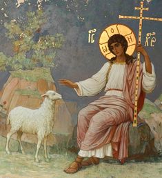 a painting of jesus holding a cross and standing next to a sheep