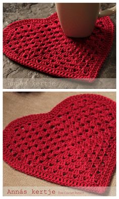 crocheted heart shaped placemats with coffee cup in the middle and on top