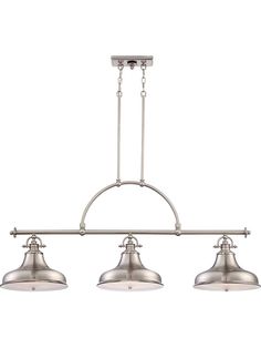 three lights hanging from the ceiling in an industrial style light fixture with two metal shades