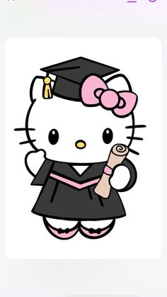 an image of hello kitty in her graduation cap and gown, holding a diploma scroll