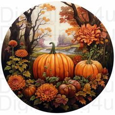 a painting of pumpkins and flowers on a plate with trees in the back ground