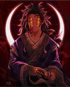 an anime character with yellow eyes holding a knife in front of a moon and red background