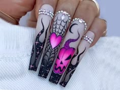 💀🎀 Gothic Glam Halloween Press-On Nails 🎀💀 ✨ Unleash Your Dark Side with a Pop of Pink! ✨ Elevate your Halloween look with our stunning Gothic Glam Press-On Nails! These nails are the perfect combination of spooky and chic, featuring a bold hot pink heart, a sinister jack-o'-lantern, and intricate spiderwebs, all set against a sleek matte black background. Accented with sparkling rhinestones, this set is designed to make you stand out in the most fabulous way possible. 💎🎃 🌟 Key Features: Purple Nail Art, Cute Halloween Nails, Punk Nails, Pumpkin Nails, Acrylic Press On Nails, Nail Art Set