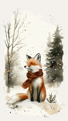 Whimsical holiday fox wearing a festive scarf, playing in the snow with a backdrop of twinkling lights and evergreen trees, radiating warmth and Christmas joy. Christmas Fox Wallpaper, Playing In Snow, Painted Christmas Cards, Watercolor Art Face, Fox Images, Learn Watercolor Painting, Fox Christmas, Wallpaper Christmas, Jesus Artwork