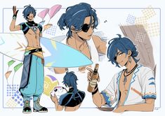 an anime character with blue hair and sunglasses holding a surfboard while standing next to another character