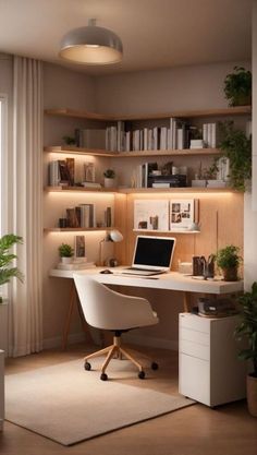 a home office with a laptop on the desk and shelves full of books, plants