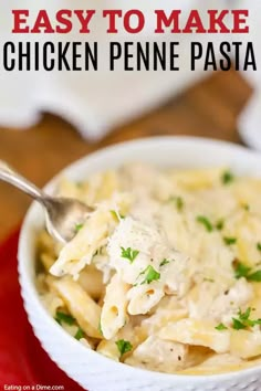 a white bowl filled with chicken penne pasta