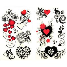 some tattoos with hearts and stars on them, one is black and the other is red