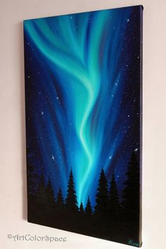 an acrylic painting of the aurora bore in blue and green with pine trees