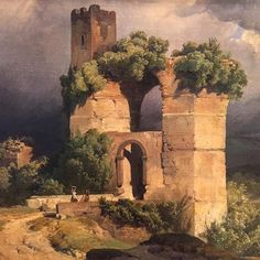 a painting of an old castle with trees growing out of it