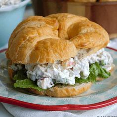 a chicken salad sandwich on a croissant bun