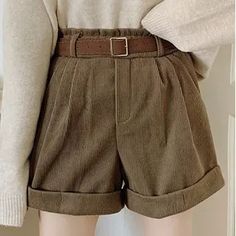 Magimomo - High-Waist Wide-Leg Cuffed Corduroy Shorts Academia Outfits, Academia Style, Dark Academia Fashion, Academia Fashion, Shorts High Waisted, Corduroy Shorts, Basic Shorts, The High